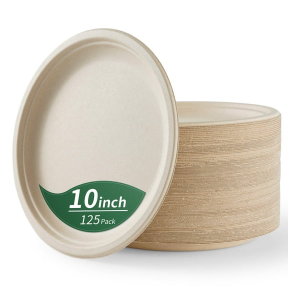 GPED 10 Inch Compostable Paper Plates, 125-Pack Heavy Duty Disposable Plates, Eco-Friendly Biodegradable Sugarcane Bagasse, Natural Unbleached Brown, Perfect Dinner Paper Plate For Party