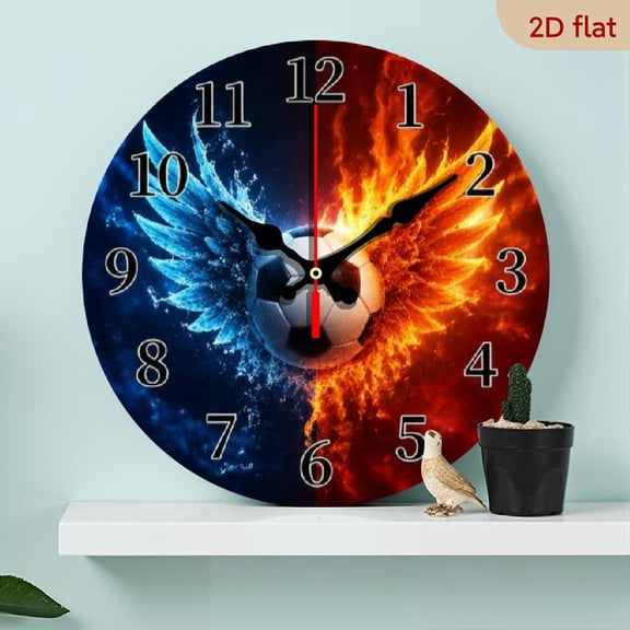 10 Inch Contemporary Wooden Wall Clock - Whisper-Quiet, Non-Ticking Analog Timepiece with Flame Design, Water Fire Elements, Round Clock for Living Room, Bedroom, Kitchen Decoration - Uniq