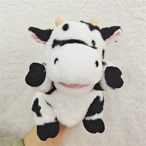 10 Inch Cow Hand Puppet Plush Farm Animal Toy with Movable Mouth for Interactive Storytelling Role Play and Educational Stage Performance Activities, Black and White