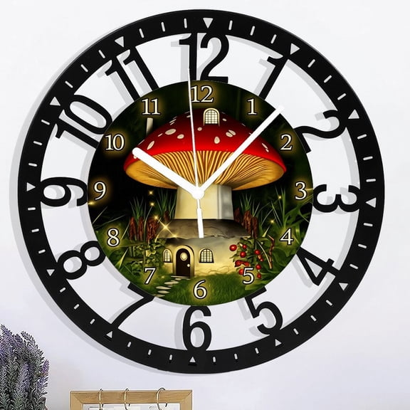 10 Inch Creative- Mushroom House Pattern Iron Circular Clock Living Room Bedroom Kitchen Home Decoration Silent Quartz Clock Holiday Gift  (No Battery) Style 10×10inch(25×25cm)