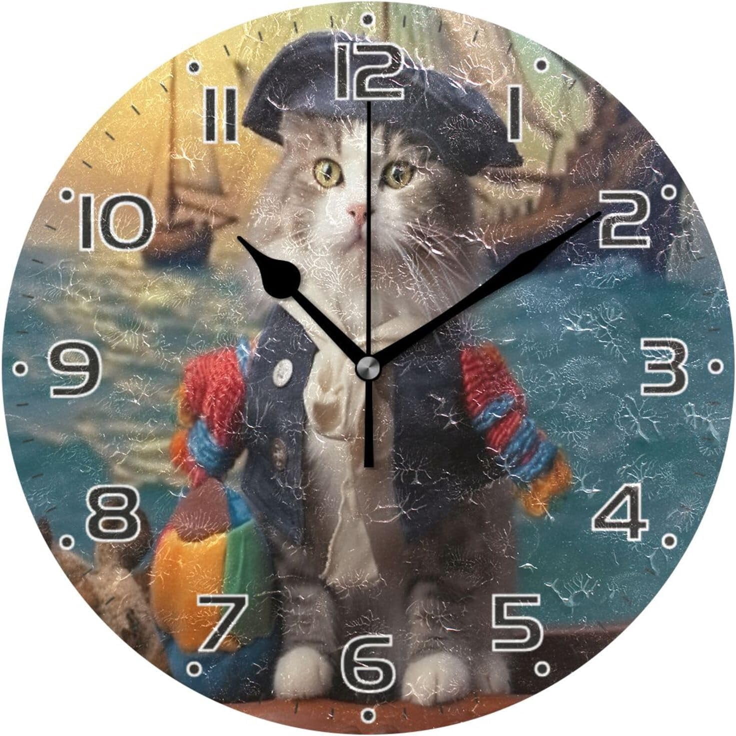 10 Inch Cute Pirate Cat Clock Silent Round Wall Clock Non Ticking ...