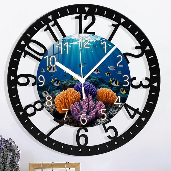 10 Inch Dark Blue Ocean Coral Fish Pattern Iron Circular Clock ,  Aa Battery Powered, Suitable for Living Room, Bedroom, Office, (Battery Not Included) Mother's Day, Easter