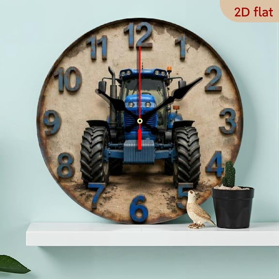 10 Inch Decorative Farmhouse Clock, Silent Blue Tractor Wood Wall Clock, Non-Ticking Battery Operated Quartz Mechanism, Bold Numbers for Cafe and Living Room Decor