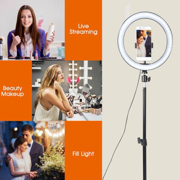 10 Inch Dimmable LED Circle Fill Light with Foldable Tripod Stand and Dual Phone Clips - Pro Video Camera Selfie USB Ring Lamp Setup (10 inches / 25.4 cm)