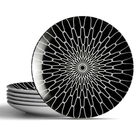 10-Inch Dinner Plates Set of 6 Black and White Grid Ceramic Plates Large Checkerboard Design for Main Course Restaurant-Style Microwave Oven Safe