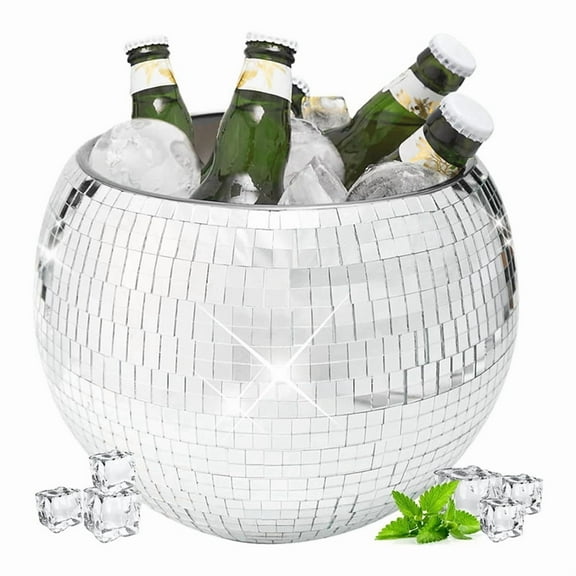 10-Inch Disco Ball Ice Bucket Silver Sparkly Mirror Ball Icebucket for Wine, Drinks, Home Bar Beverage Cooler for Partys