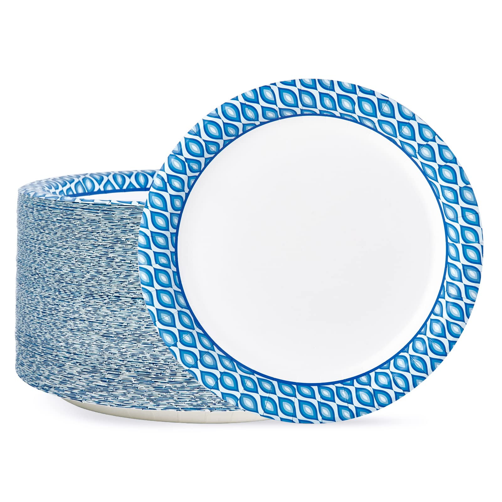 10 Inch Disposable Paper Plates 150 Count (Pack of 1) Blue Edge Print