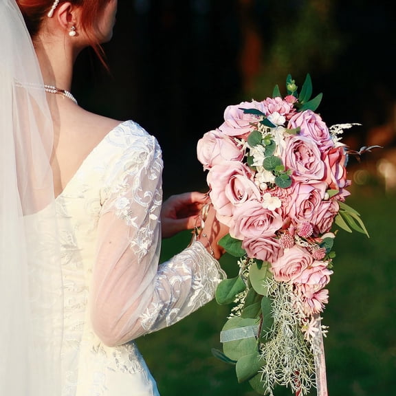 10 Inch Dusty Pink Rose Gold Cascading Bouquets for Bride Summer Fall Wedding Blush Light Pink Artificial Silk Flower Bridal Bouquet Boho Rustic Ceremony Anniversary Decor Toss Bouquet