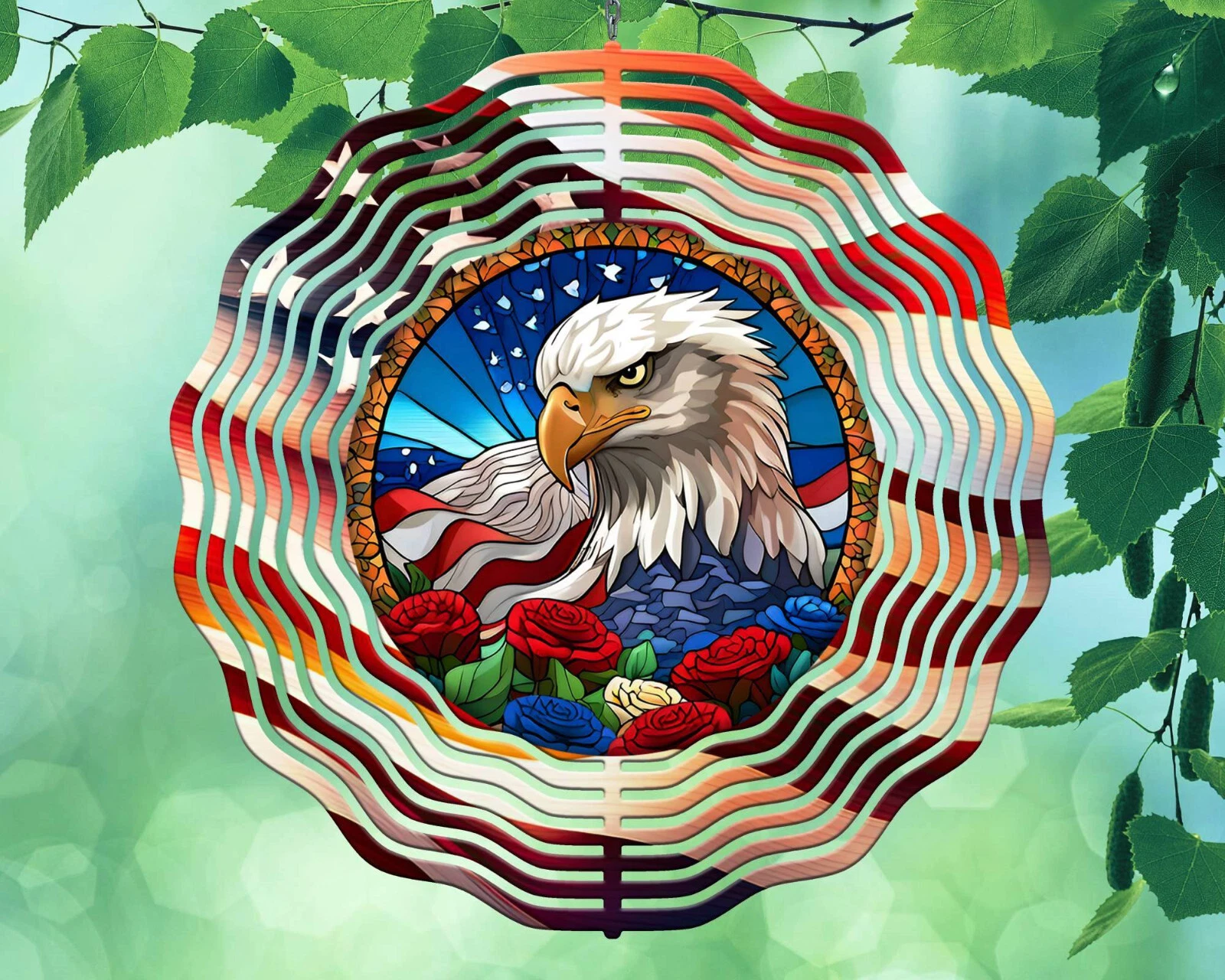10 Inch Eagle Roses USA Flag Stained Glass Hanging Wind Spinner Garden ...