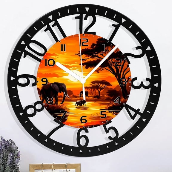 10 Inch Elephant Sunset Round Silent Hanging Iron Circular Clock , Suitable For Living Room, Office, Study Room, Bedroom, Home Decoration (No Battery) Style 1010inch(2525cm)