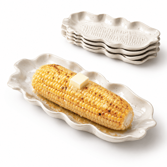 10 Inch Embossed Ceramic Corn Plates Set of 4, Classic Cob Design White