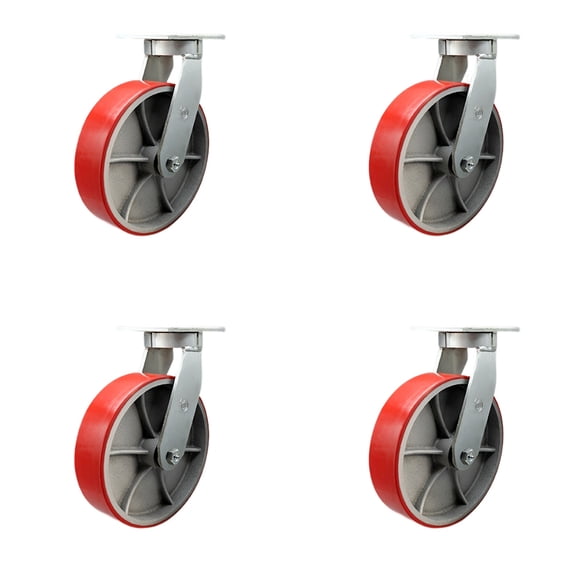10 Inch Extra Heavy Duty Red Poly on Cast Iron Wheel Swivel Caster Set of 4