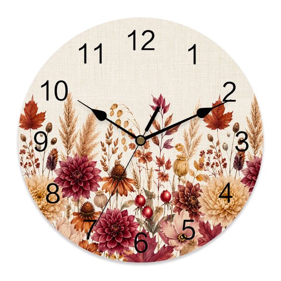 10 Inch Fall Floral Wall Clock, Dark Red Flower Pinecone Maroon Mum Wheat Linen Texture Battery Operated Silent Non Ticking Clocks, Easy to Read Round Wall Clock for Kitchen/Living Room/Bedroom