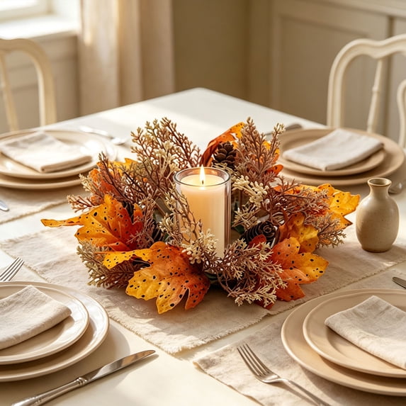 10 Inch Fall Maple Leaf Candle Ring Wreath with Pumpkin Sunflower Berries, Wire Frame Thanksgiving Halloween Pillar Candle Holder Ring for Farmhouse Table Mantel Kitchen Cabinet Centerpiece Decor
