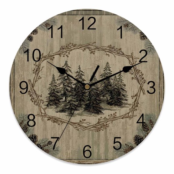 10 Inch Farmhouse Pine Tree Wall Clock, Rustic Botanical Woodland Pinecone Needles Battery Operated Silent Non Ticking Clocks, Easy to Read Round Wall Clock for Kitchen/Living Room/Bedroom/Bathroom