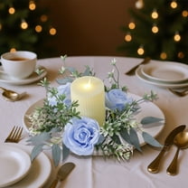 10 Inch Floral Candle Ring Centerpiece with Blue Artificial Roses, for Wedding, Valentine's Day, and Dining Table Decor Blue