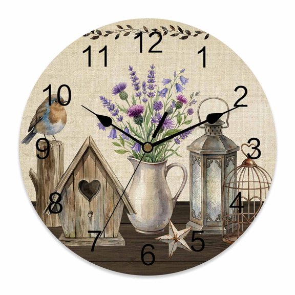 10 Inch Floral Vases Wall Clock, Vintage Birds Cages Birdhouse Linen Texture Battery Operated Silent Non Ticking Clocks, Easy to Read Round Wall Clock for Kitchen/Living Room/Bedroom/Bathroom