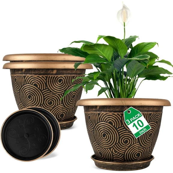 10 Inch Flower Pots Planters for Indoor Outdoor Plants, 3 Pack Plastic Large Plant Pots with Drainage Hole & Tray, Modern Decorative Garden Pot with Saucer, Plant Container for House