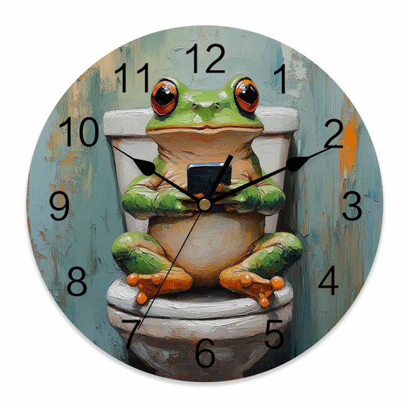 10 Inch Funny Animal Wall Clock, Frog Sitting on Toilet Frog Playing Phone Battery Operated Silent Non Ticking Clocks, Easy to Read Round Wall Clock for Kitchen/Living Room/Bedroom/Bathroom