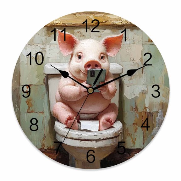 10 Inch Funny Animal Wall Clock, Pig Sitting on Toilet Pig Playing Phone Battery Operated Silent Non Ticking Clocks, Easy to Read Round Wall Clock for Kitchen/Living Room/Bedroom/Bathroom