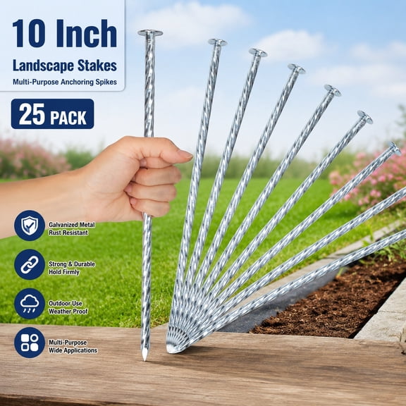 10 Inch Galvanized Metal Landscape Stakes, Anchoring Spikes for Artificial Turf, Tent Pegs, Paver Edging, Weed Barrier, Construction (25 Pack)