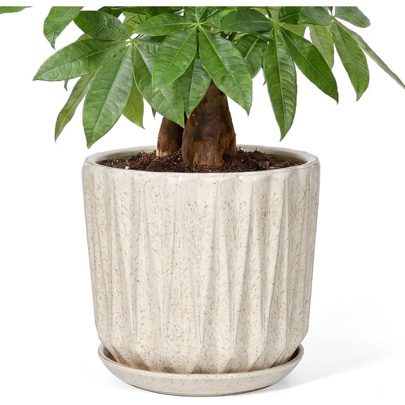 10 Inch Glazed Ceramic Planter Pot with Drainage Hole and Saucer in Silk White