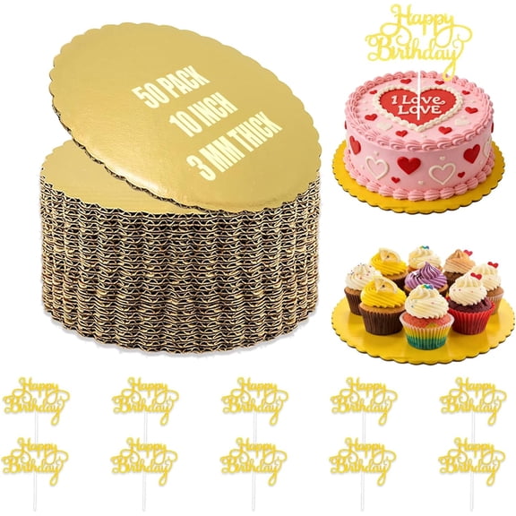 10 Inch Gold Cake Boards, 50 PCS Round Cake Board Circles Cake Base Plates for Baking Decorating, with 10 Birthday Cake Toppers