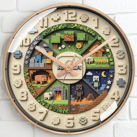 10 Inch Gold Frame Pixel Art Wall Clock with Gold Hands, Silent Non-Ticking Creative Decor Clock, Unique Gift for Gamers Kids Bedroom Living Room