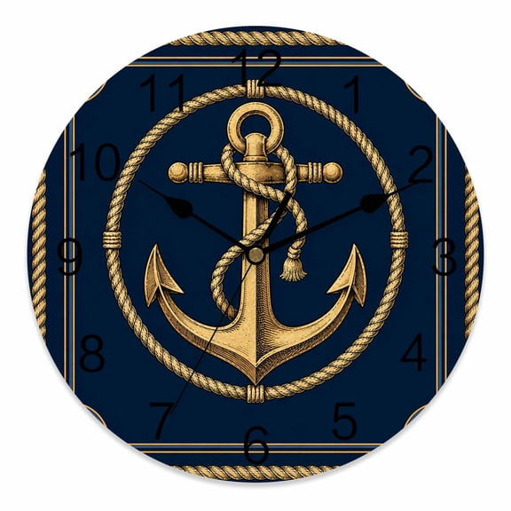 10 Inch Gold Ship Anchor Wall Clock, Coastal Nautical Vintage Braided Rope Navy Blue Battery Operated Silent Non Ticking Clocks, Easy to Read Round Wall Clock for Kitchen/Living Room/Bedroom/Bathroom