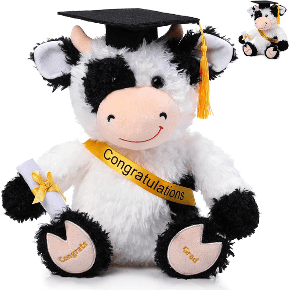 10 Inch Graduation Season Cow Plush Stuffed Animal Cow with Hat, Diploma and Sash, Graduation Gift Decoration for Friend Relatives Party(Yellow)