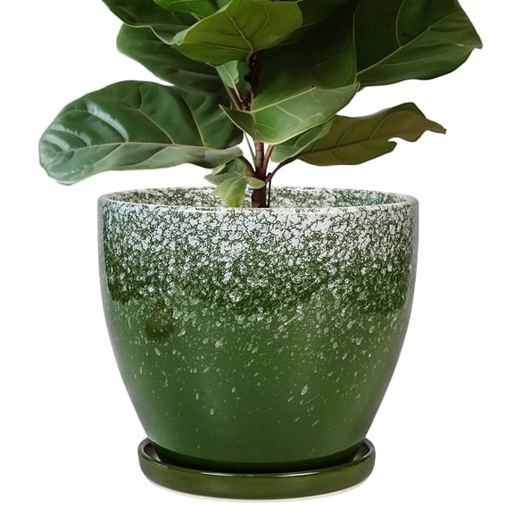 EPFamily 10-Inch Green Ceramic Planter with Frosted Drip Glaze & Saucer | Large Artisan Pot for Indoor Outdoor Floor Plants