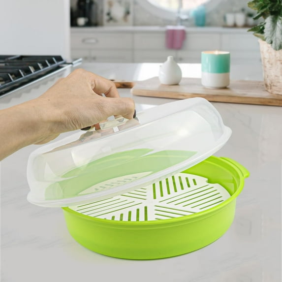 10 Inch Green Microwave Steamer for Vegetables Seafood Cooking, Plastic with Lid