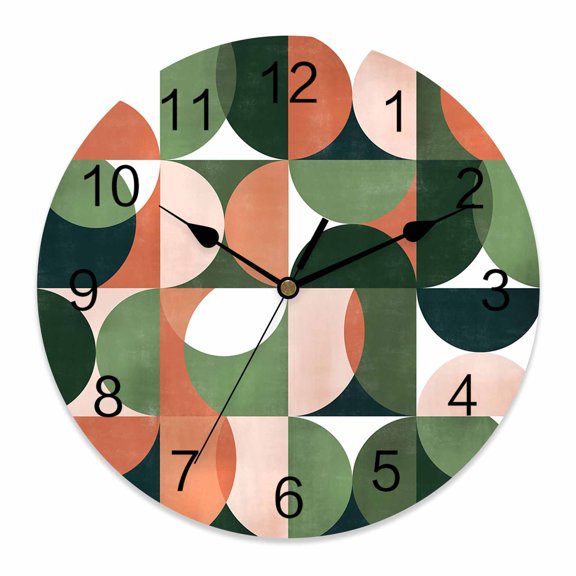 10 Inch Green Orange Wall Clock, Nordic Retro Medieval Geometric Abstract Battery Operated Silent Non Ticking Clocks, Easy to Read Round Wall Clock for Kitchen/Living Room/Bedroom/Bathroom