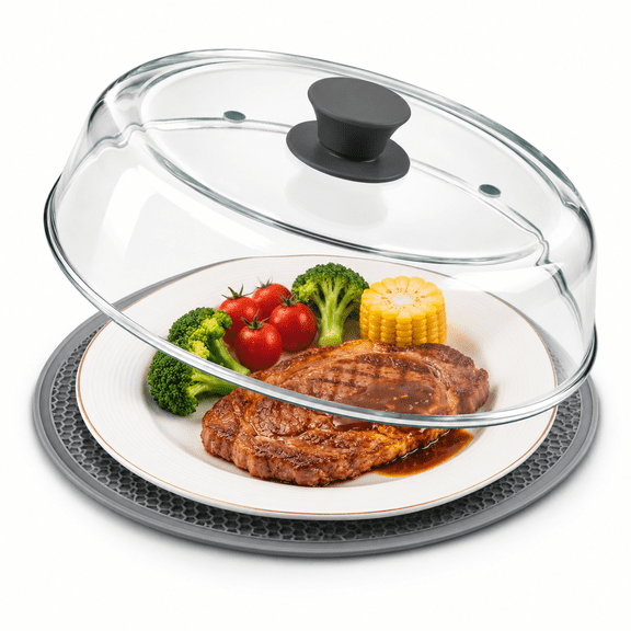 10 Inch Grey Glass Microwave Splatter Cover with Silicone Mat, Heat Resistant Plate Guard Lid