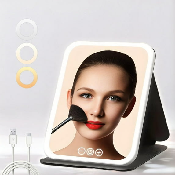 10 Inch HD Makeup Mirror with 3 Color LED Lights - Portable Folding Travel Mirror, Leather Case & 360°Rotation, Rechargeable Dimmable Vanity Mirror for Professional Makeup Artist, Home, Gift