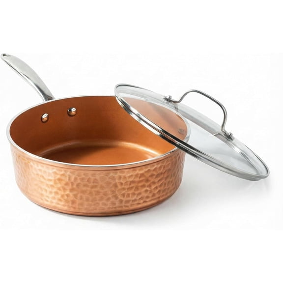 10 Inch Hammered Copper Ceramic Nonstick Frying Pan with Lid, Nonstick Skillet, Dishwasher & Oven Safe