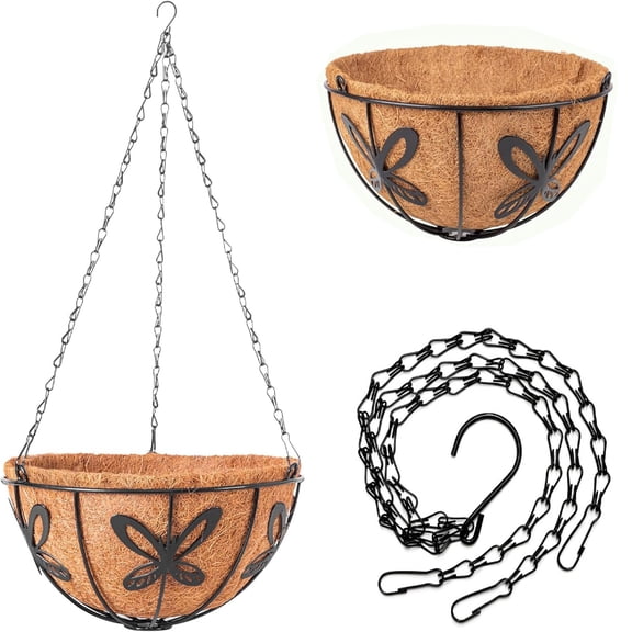 10 Inch Hanging Baskets for Plants Outdoor, 1 Pack Metal Wire Hanging Planters with Coco Coir Liner & Chain, Rust-Resistant Flower Basket for Garden Patio Porch Deck Balcony