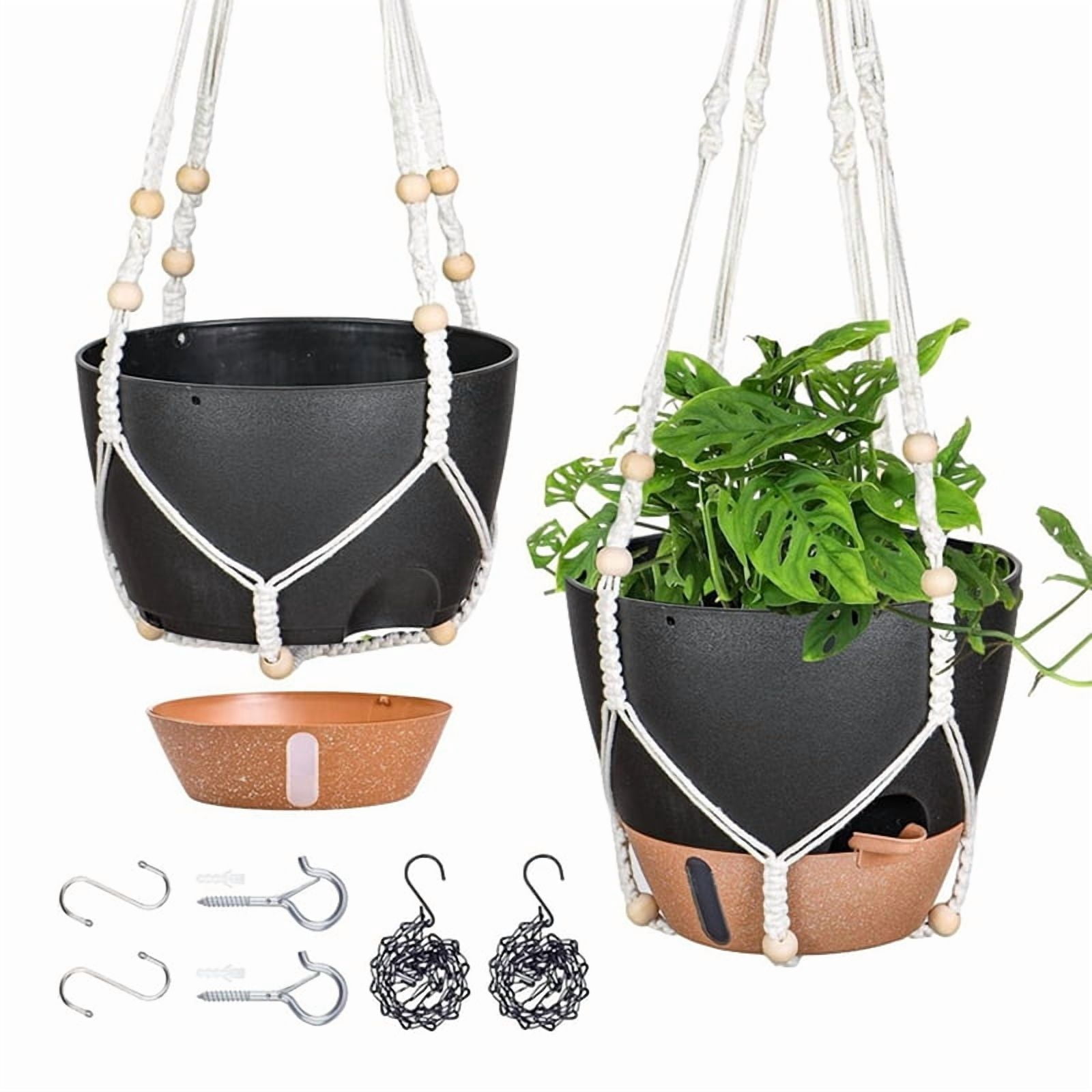 10 Inch Hanging Planter for Indoor Plants, 2 Pack Self Watering Hanging Baskets Flower Pots with Drainage Hole Black