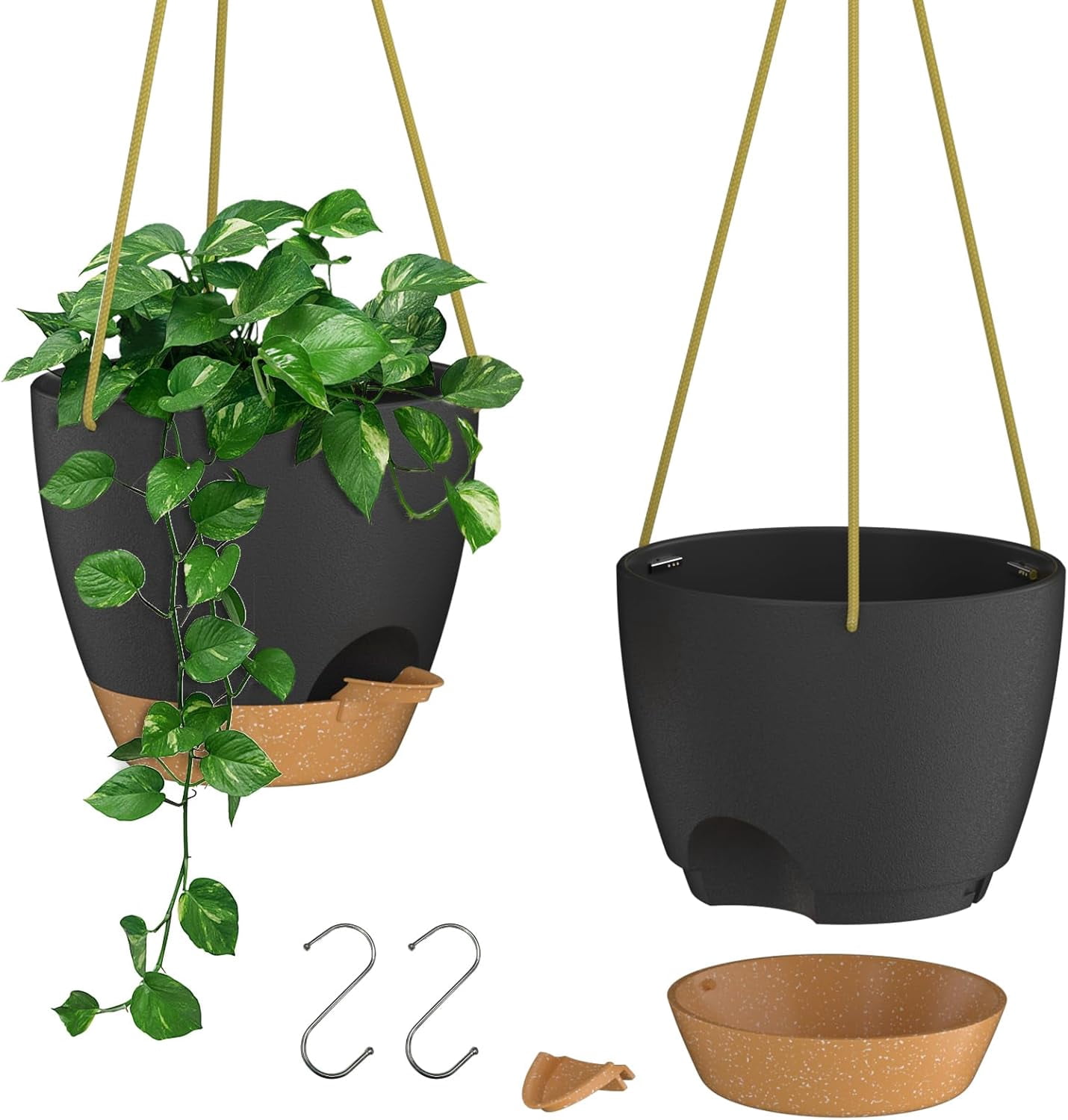 10 Inch for Indoor Outdoor Plants, 2 Pack Self Watering Hanging Plant Pots with Drainage Holes and Removable Saucer, Plastic Flower Hanging Pots with Watering Lip (Black)