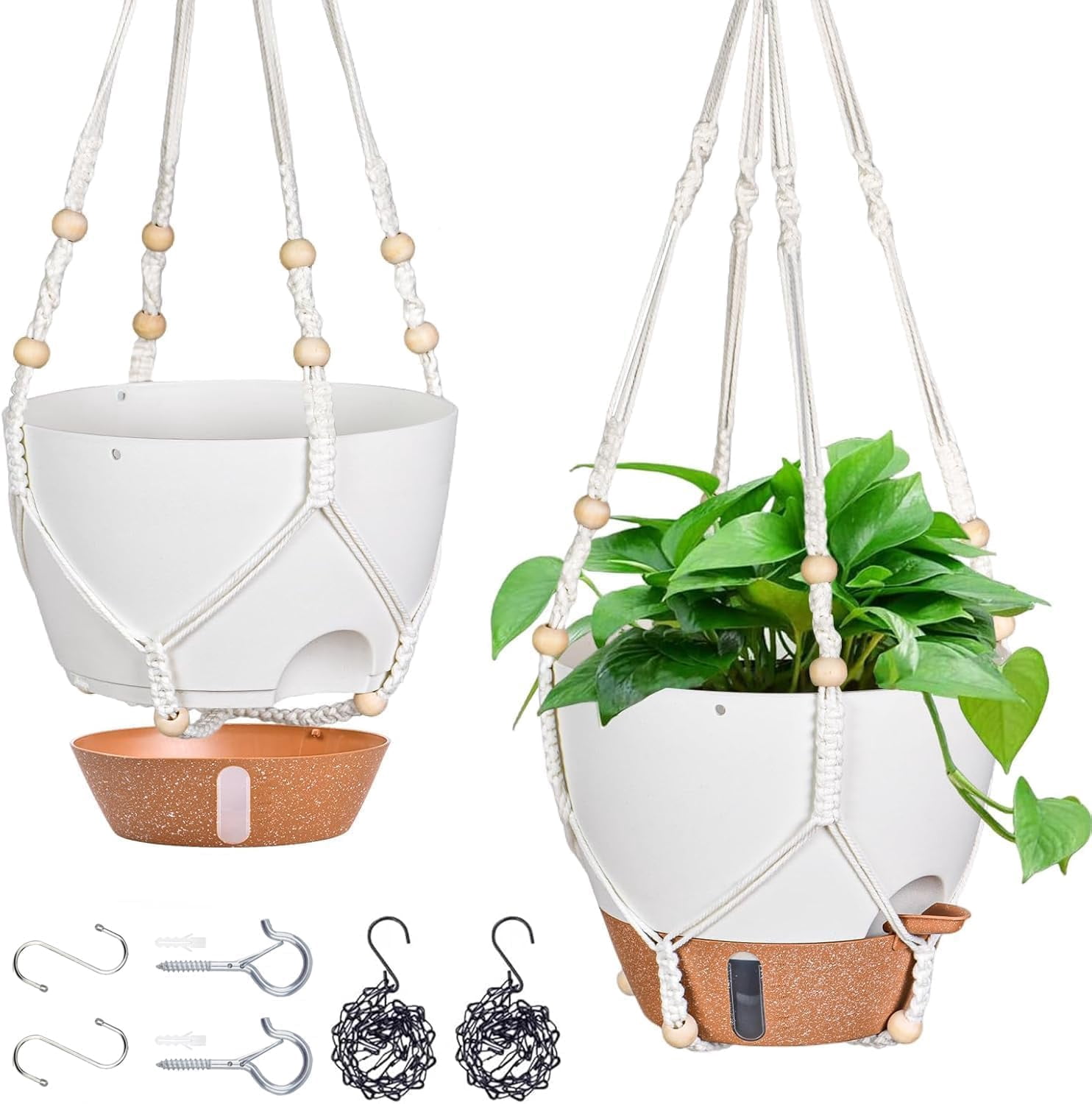 10 Inch for Indoor Plants, 2 Pack Self Watering Hanging Baskets Flower Pots with Drainage Hole, Visual Reservoir & 2 Kinds of Plant Hanger for Outdoor Garden Home Decor (White)