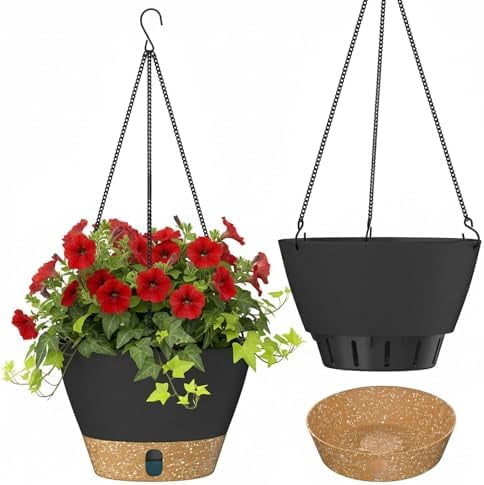 10 Inch Hanging Planters for Outdoor Plants, Hanging Pots for Plants Indoor with Visible Water Level, Hanging Flower Basket with Drainage Holes & Removable Tray(2 Pack, Gray)