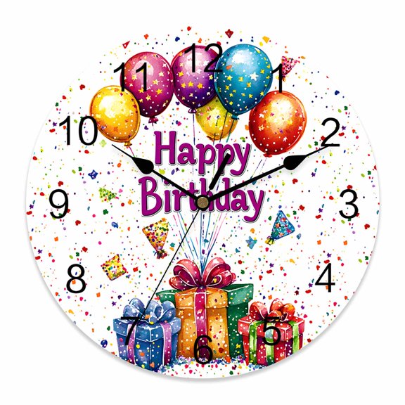 10 Inch Happy Birthday Wall Clock, Colorful Balloon Ribbon Present Battery Operated Silent Non Ticking Clocks, Easy to Read Round Wall Clock for Kitchen/Living Room/Bedroom/Bathroom