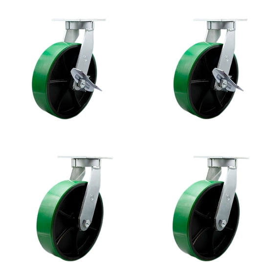 10 Inch Heavy Duty Green Poly on Cast Iron Caster Set 4 Swivel Locks 2 Brakes