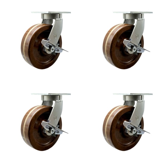10 Inch Heavy Duty High Temp Phenolic Caster Set 4 Brakes 2 Swivel Locks SCC