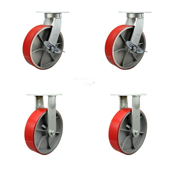 10 Inch Heavy Duty Red Poly on Cast Iron Wheel Caster Set 2 Brakes 2 Rigid SCC
