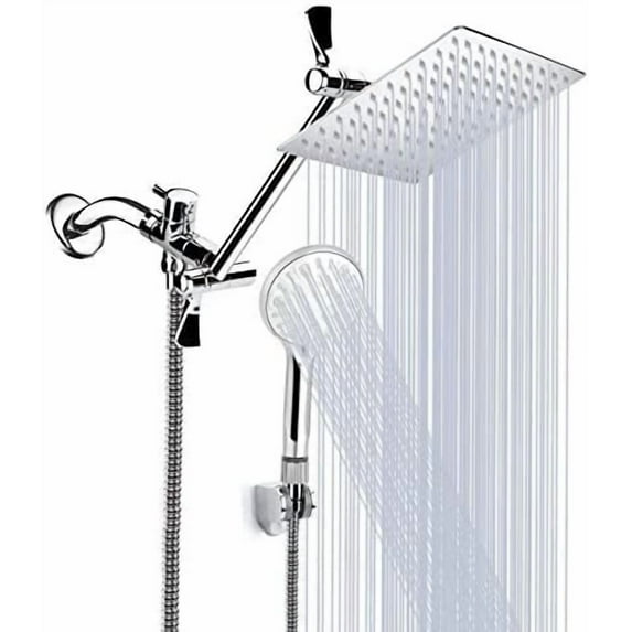 10 Inch High Pressure Rainfall Shower Head/Handheld Shower Combo with 11 Inch Extension Arm, 9 Settings Adjustable Anti-leak with Holder/Hose, Height/Angle Adjustable, Chrome
