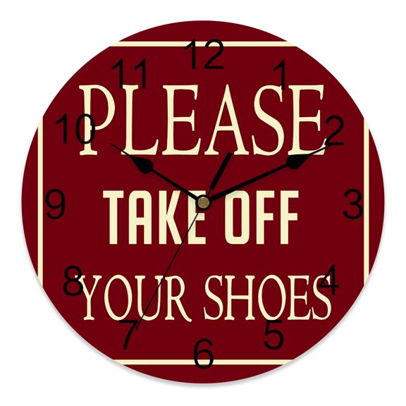 10 Inch Home Sign Wall Clock, PLEASR TAKE OFF YOUR SHOES Text Beige Burgundy Red Battery Operated Silent Non Ticking Clocks, Easy to Read Round Wall Clock for Kitchen/Living Room/Bedroom/Bathroom