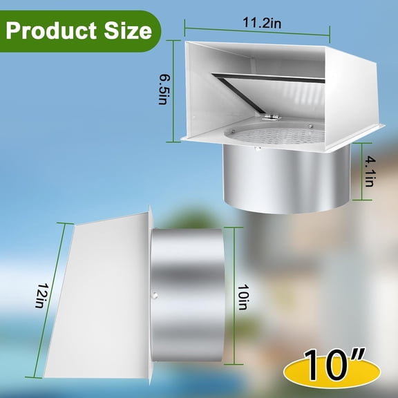 10 Inch Hooded Wall Vent, Dryer Wall Vent Cover Outside with Screen and Damper, Wall Exhaust Vent Cover, Outdoor Air Vent Cap for Range Hoods/Kitchen/Bathroom/Laundry/Basements/Garages, White