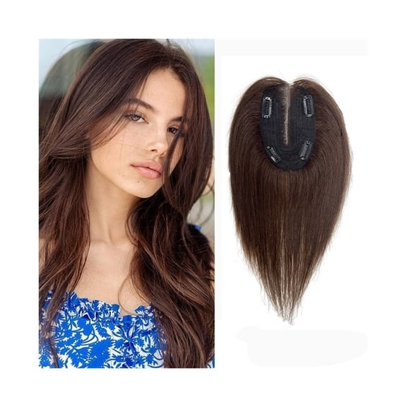 10 Inch Human Hair Topper with Bangs, 9×14 CM Breathable Swiss Lace Base Straight Remy Hair Pieces with Bangs Clip in Human Hair Toppers for Women