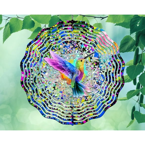 10 Inch Hummingbird Neon Paint Splotches Wind Spinner Yard Decor Aluminum Sublimated Garden Art Indoor Outdoor 3D Kinetic